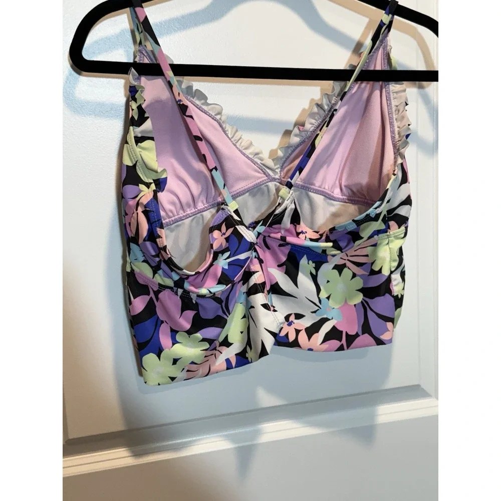 Decree Tropical Floral Ruffle Halter Bikini Swim Top‎ Crop Tankini Women XL